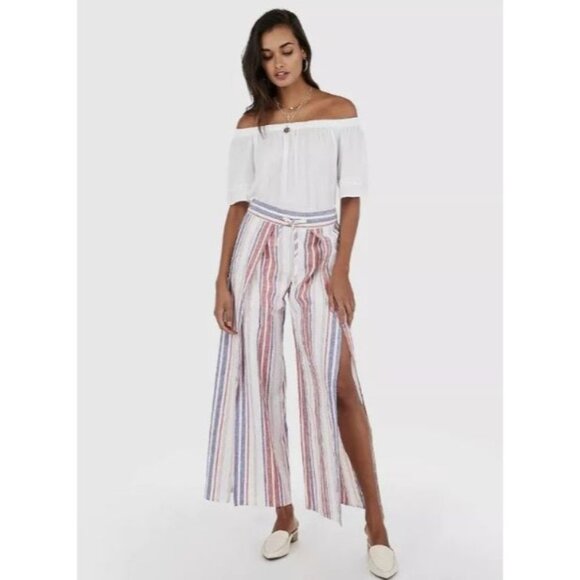 EXPRESS Womens High Waisted Striped Linen-Blend Split Leg Pants Size Large - Picture 1 of 7